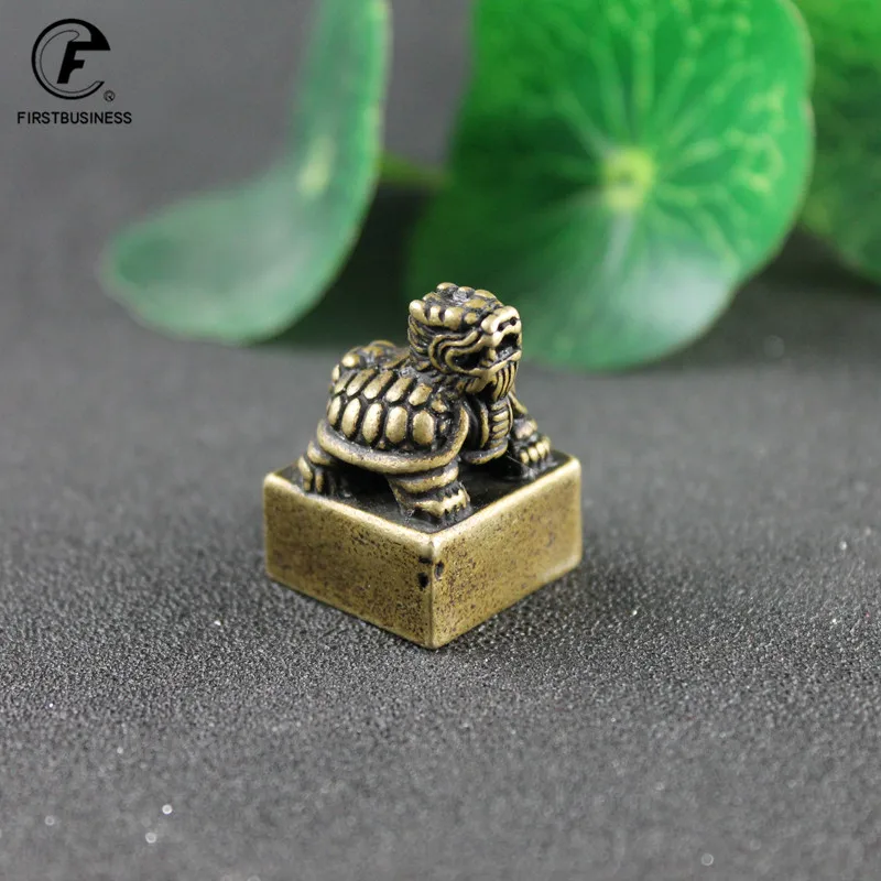 Retro Solid Brass Dragon Turtle Seal Statue Chinese Feng Shui Lucky Home Decorations Ornaments Lovable Animal Figurines Desk