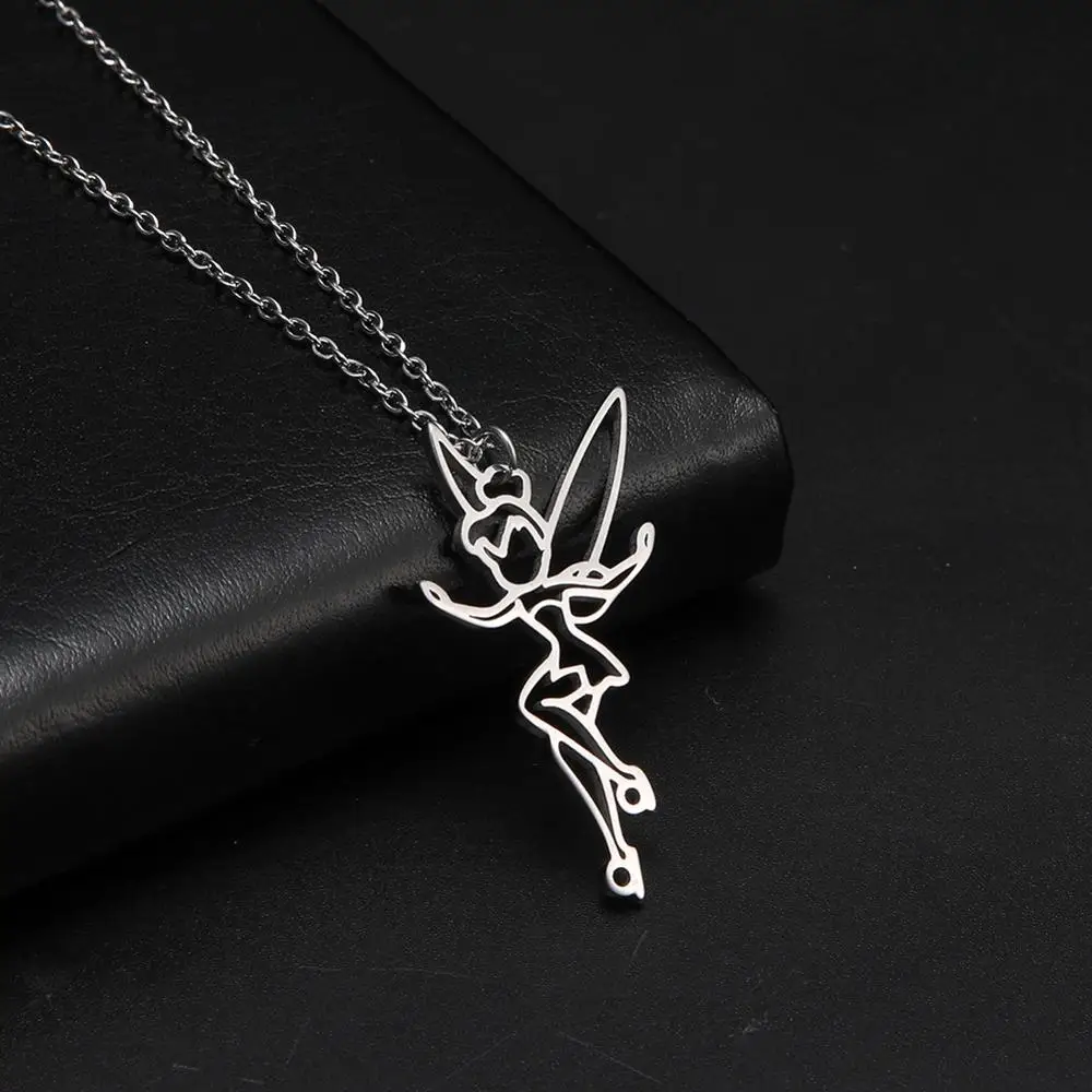 My Shape Flower Fairy Elf Necklace For Women Girl Cute Angel Wings Stainless Steel Hollow Pendant Fashion Jewelry Choker Gift