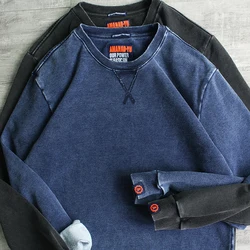 Autumn New American Retro O-neck Hoodies Men's Fashion Pure Cotton Washed Old Knitted Denim Terry Casual Pullover Sweatshirts