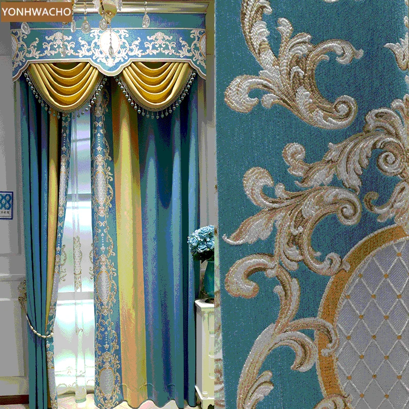 

Custom curtain European luxury chenille bedroom thick chenille jacquard blue cloth blackout curtain valance tulle panel C688