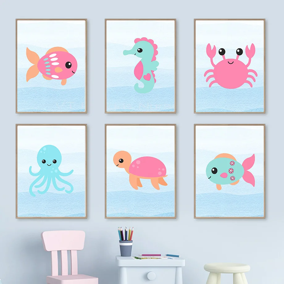 Wall Art Canvas Painting Cartoon Ocean Animals Fish Enlightenment Posters And Prints Pictures Aesthetic Living Room Home Decor