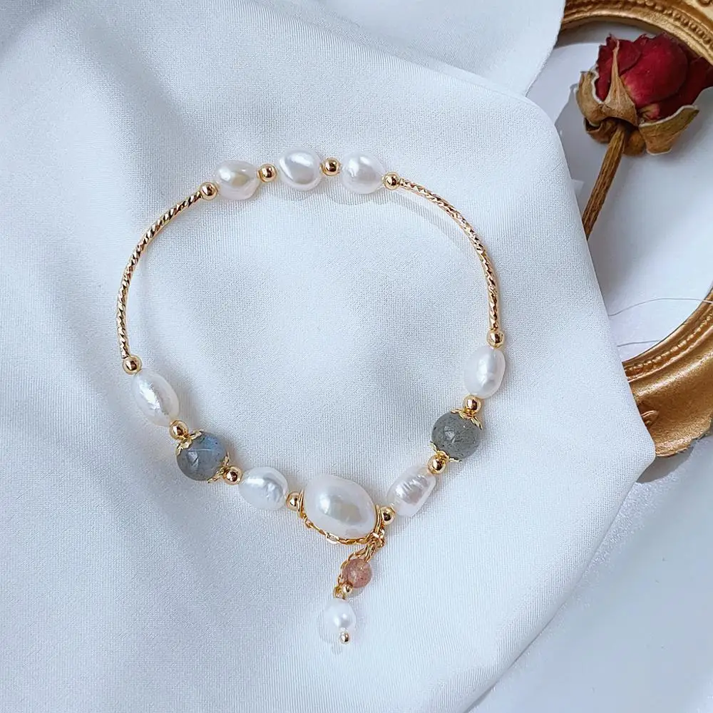 New Arrival 14K Gold Filled Baroque Natural Freshwater Pearl Moonstone Female Bracelet Promotion Jewelry For Women Wedding Gift
