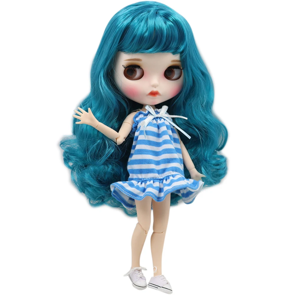 ICY DBS Blyth Doll white skin Blue long curly hair 1/6 JOINT body new matte face with eyebrows Lip gloss DIY toy