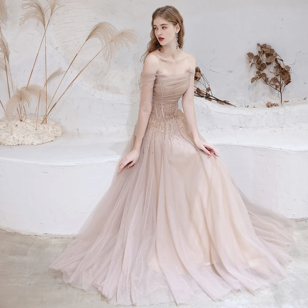 Robe de Soirée Trapèze à Col Bateau et Manches sulf, Tenue de Bal de Luxe, Paillettes et Perles, Couleur Rose Nude, 2020