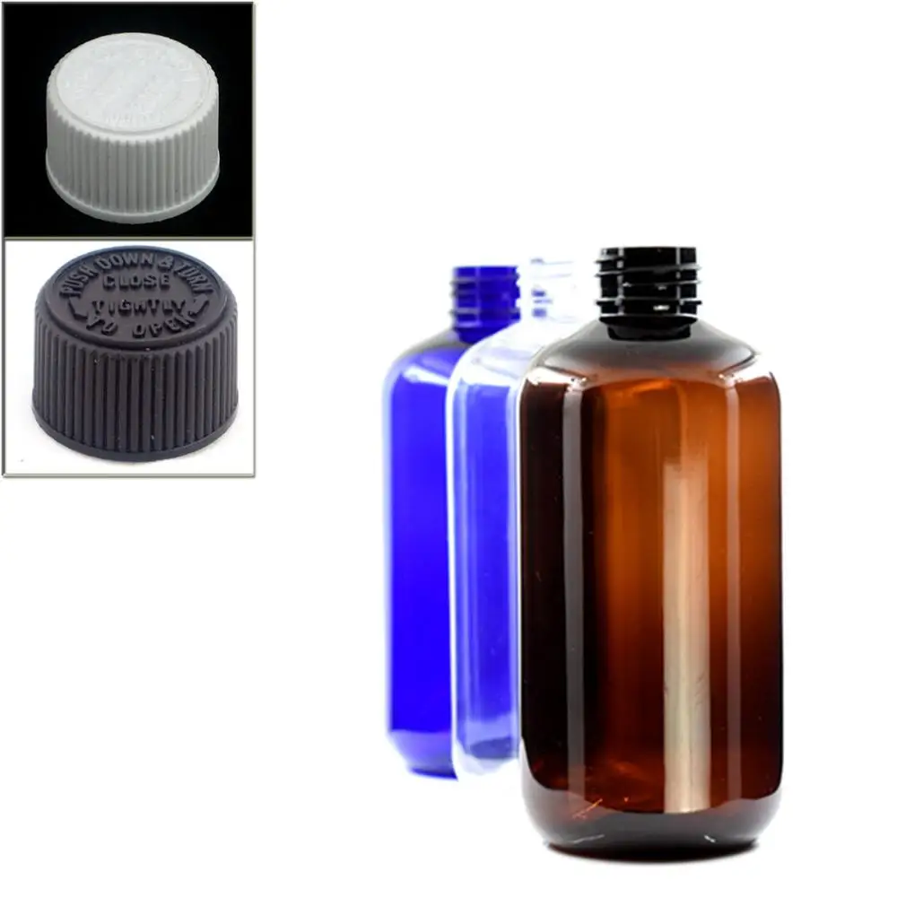 250ml 8oz empty boston round Plastic blue/amber clear PET bottles with child resistant aluminum screw caps,safety lid