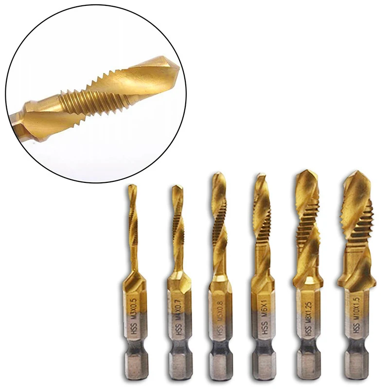 6PCS Set M3-M10 punte da trapano a vite HSS 4341 rubinetti lavorazione del legno punta metrica acciaio ad alta velocità titanio 1/4 "IN cambio rapido esagonale