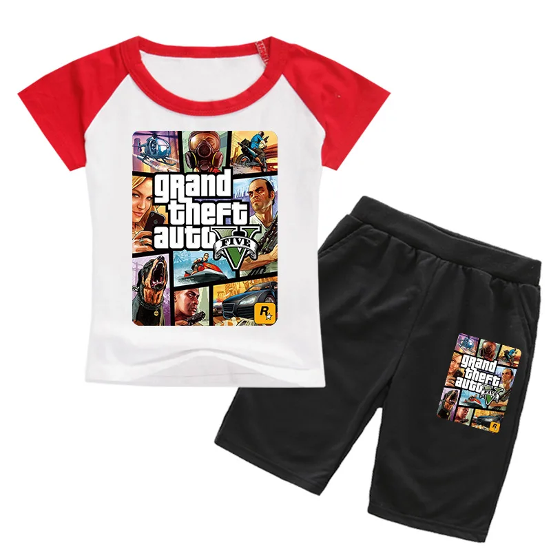 2021 Summer Grand Theft Auto Gta 5 T Shirt Shorts 2pcs Set Kids Clothes Boys Short Sleeve TrackSuit Boutique Baby Girls Outfits