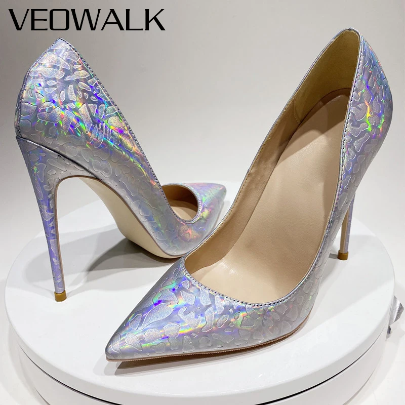 Veowalk Laser Women Embossed Pattern Pointed Toe Stiletto Pumps Fashion Designer High Heels Sparkly Party Shoes Plus Size 33-45