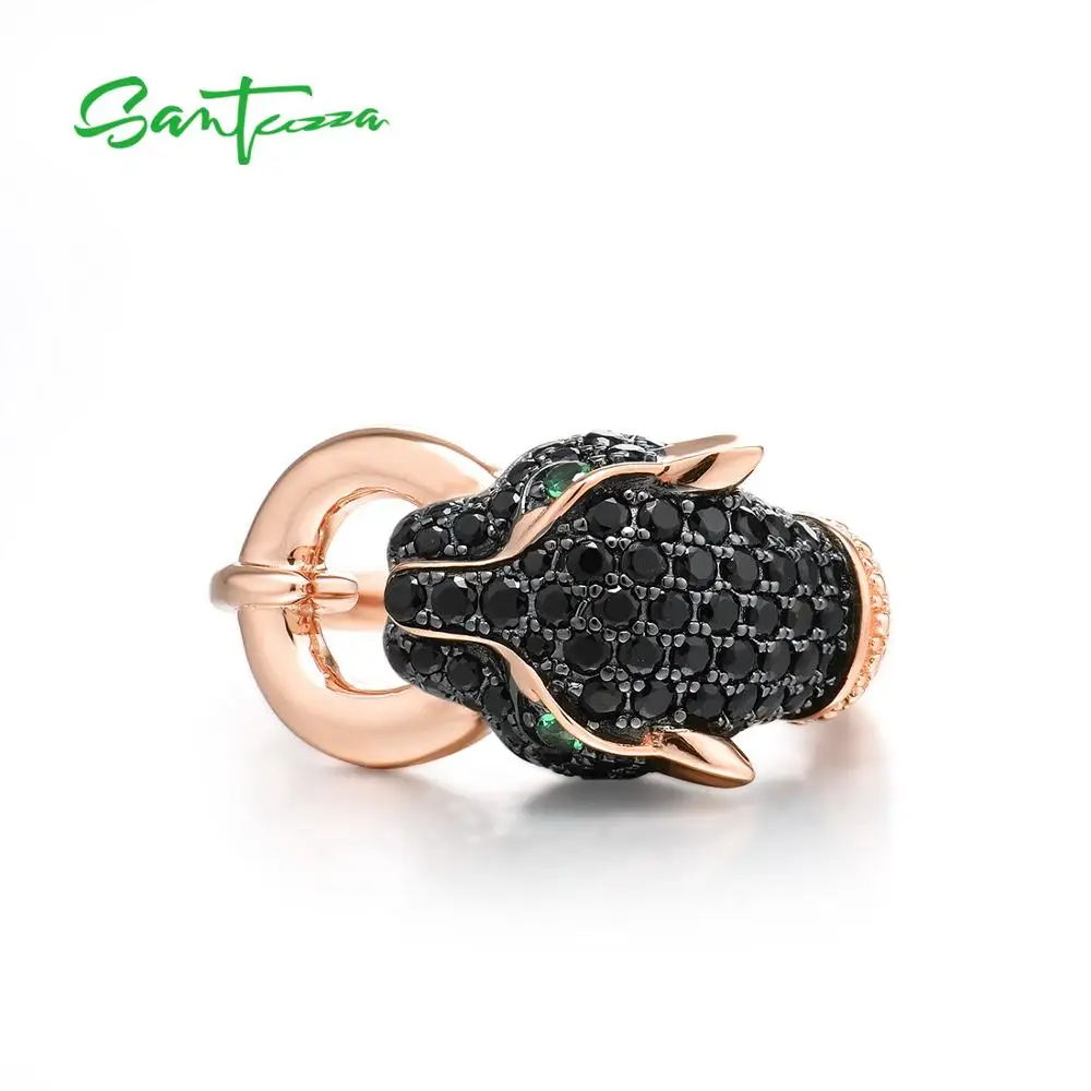 SANTUZZA Silver Ring For Women Pure 925 Sterling Silver Dazzling Black Green Spinel Leopard Panther Trendy Party Fine Jewelry