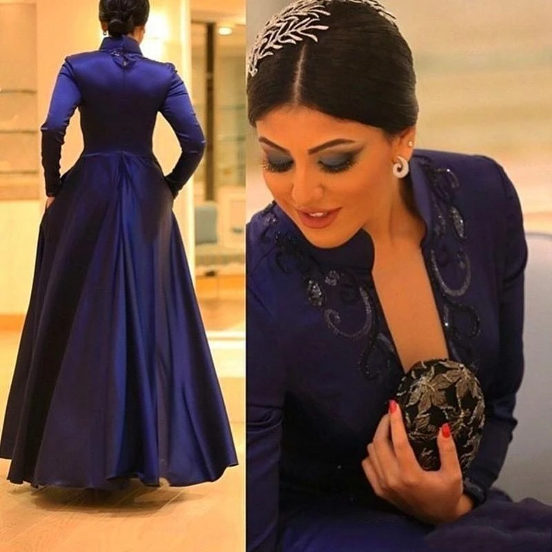 Custom Made Arabic Muslim Satin Evening Dresses High Neck Long Sleeve Dark Royal Blue Floor Length Evening Gowns Prom Dresses