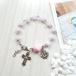 QIGO Pink Crystal Strand Cross Rosary Bracelet Religious Jewelry