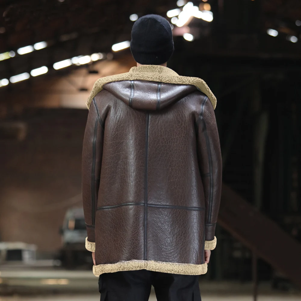 LUHAYESA Fashion Men's Sheepskin Coat Winter Thick Hood Real Fur Clothing Brown Warm Shearling Sheepskin Genuine Leather Outwear