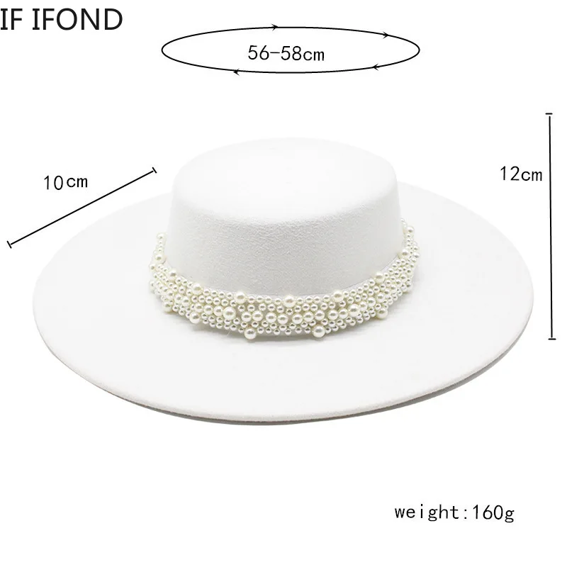 Fedora Hat For Women Temperament Elegant Beige Flat Top Jazz Caps 10CM Wide Brim Pearl Decoration Lady Wedding Dress Hat