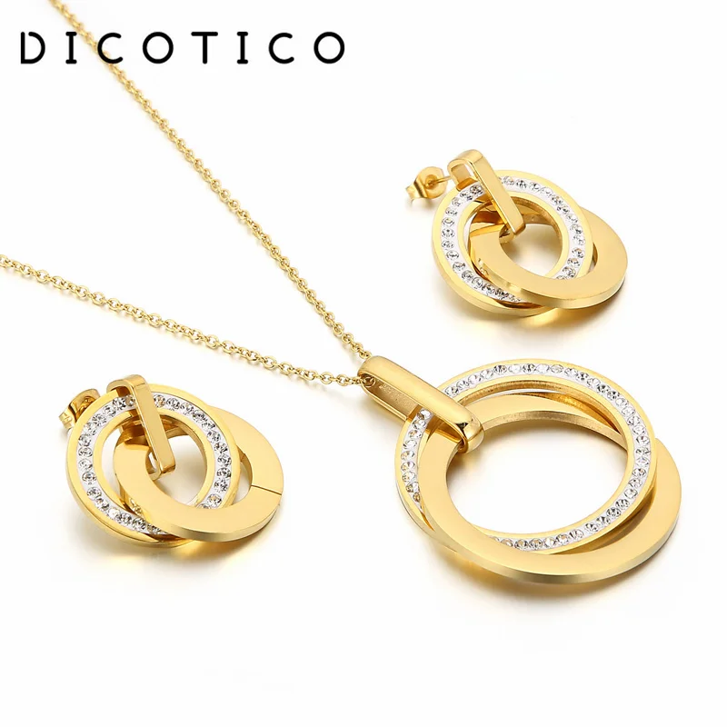 Dicotico Cz Ronde Hanger Ketting Oorbellen Voor Vrouwen Rvs Zirkoon Ketting Sieraden Sets Vrouwen Bruiloft Gift