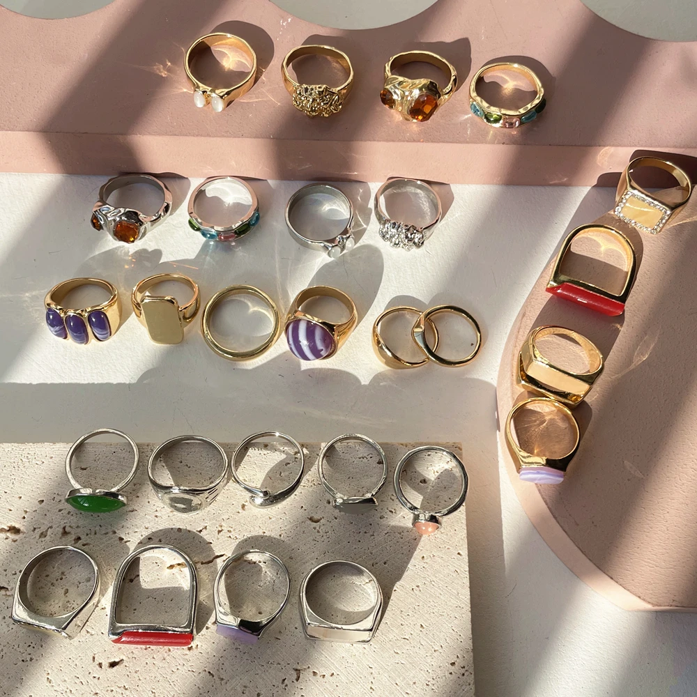 HangZhi 2021 New Colorful Rhinestone Trendy Irregular Metal Geometric Set Ring for Women Girls Summer Party Jewelry