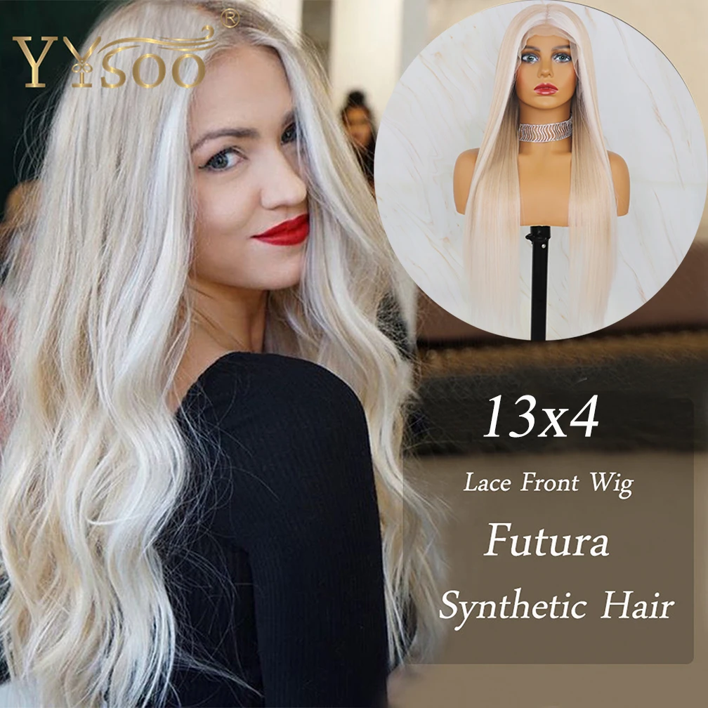 YYsoo Long 13x4 Futura Hair Baylayage Color Straight Synthetic Lace Front Wigs Babyhair Japan Futura Fiber Blonde Highlight Wigs