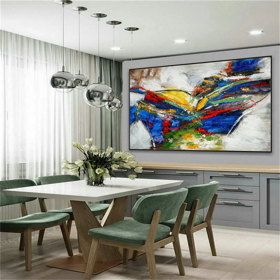 100% رسمت باليد الأزرق الملمس جدارية سميكة النفط اللوحة على قماش ملون أفقي اليدوية مجردة الملونة جدار صورة فنية