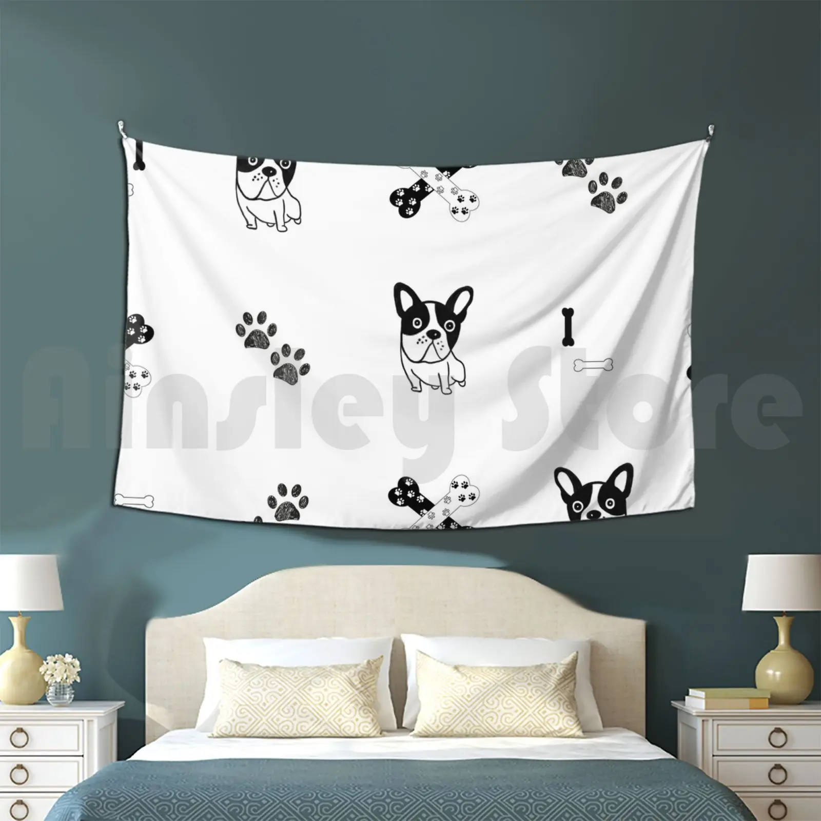 287-Gulsen-Hand Drawn Bulldog , Paw Print And Bones Hound Design Pattern Tapestry Living Room Bedroom Bulldog Autumn Winter