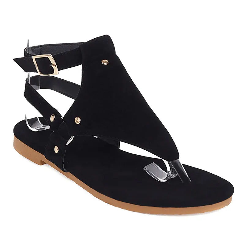 Lasyarrow Summer Fashion Female Sandals Solid Buckle Low Heel Rivet Flip Flat Women Sandals Rome Retro Casual Comfy Shoes Woman