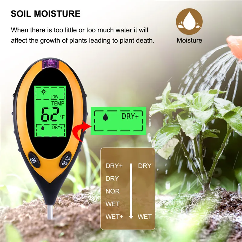 4 In 1 Digital PH Meter Soil Moisture Monitor Temperature Sunlight Acidity Tester Alkali Test Tool For Gardening Plants Farming