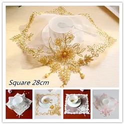 European Handmade Beaded Lace Square Table Mat Coaster Jewelry Antique Cover Phone Desk Lamp Bedroom Study Kitchen Decoration