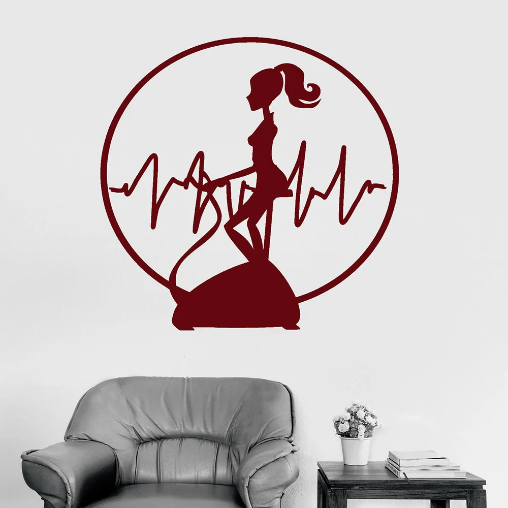 Fitness Woman Wall Decal Workout Cardio Training Sports Girl Heartbeat Vinyl Window Stickers Living Room Gym Interior Decor E247