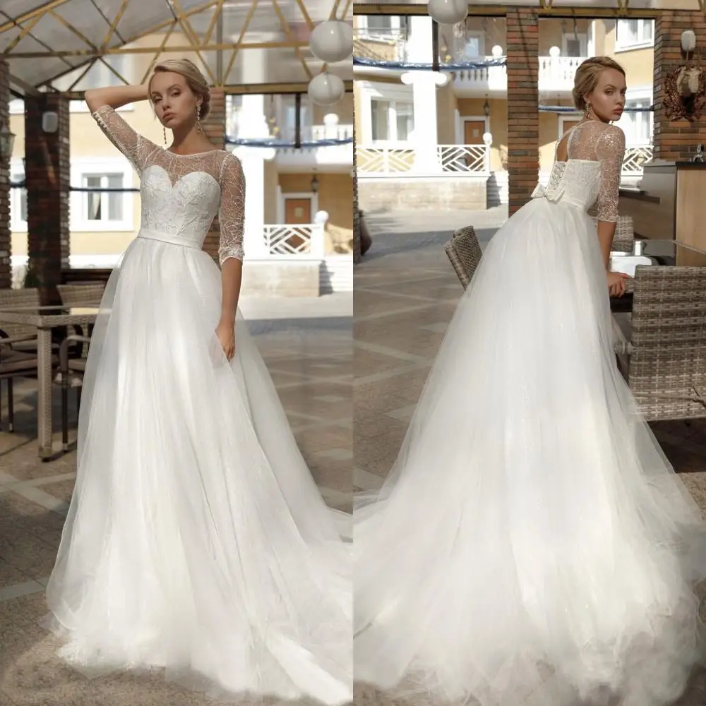 2023 Wedding Dresses Jewel Half Sleeves Lace Appliques Bridal Gowns Custom Made Lace-up Back Sweep Train A Line Robe De Mariée