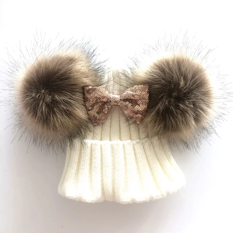 

Kids Girls Crochet Faux Fur Double Pompom Hat Bow Knot Baby Caps Children Beanie Accessories