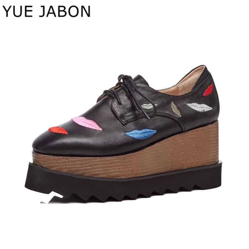 YUE JABON Pink Black Spring cow leather casual shoes vintage embroidery lips patterns lace up wedges shoes platform women shoes