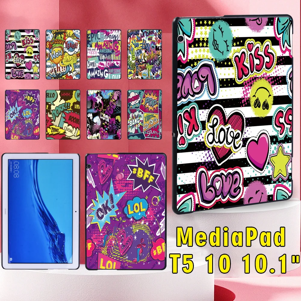 Tablet Case for Huawei MediaPad T5 10 10.1 Inch Shockproof Graffiti Series Pattern Back Shell + Free Stylus