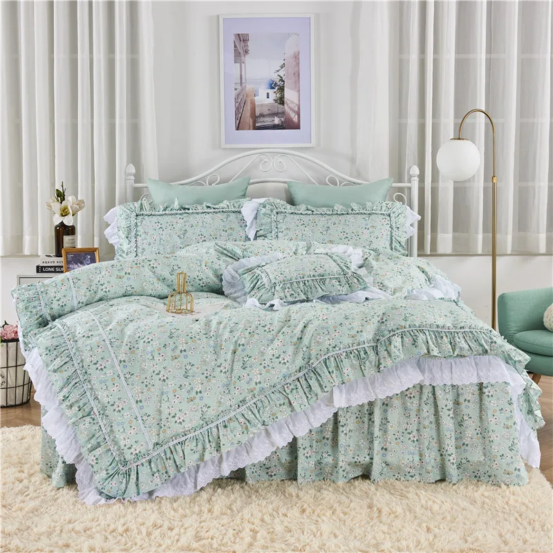 

Princess ruffles lace embroidery fresh floral skirt Korean bedding set покрывало для кровати cotton ropa de cama duvet cover set