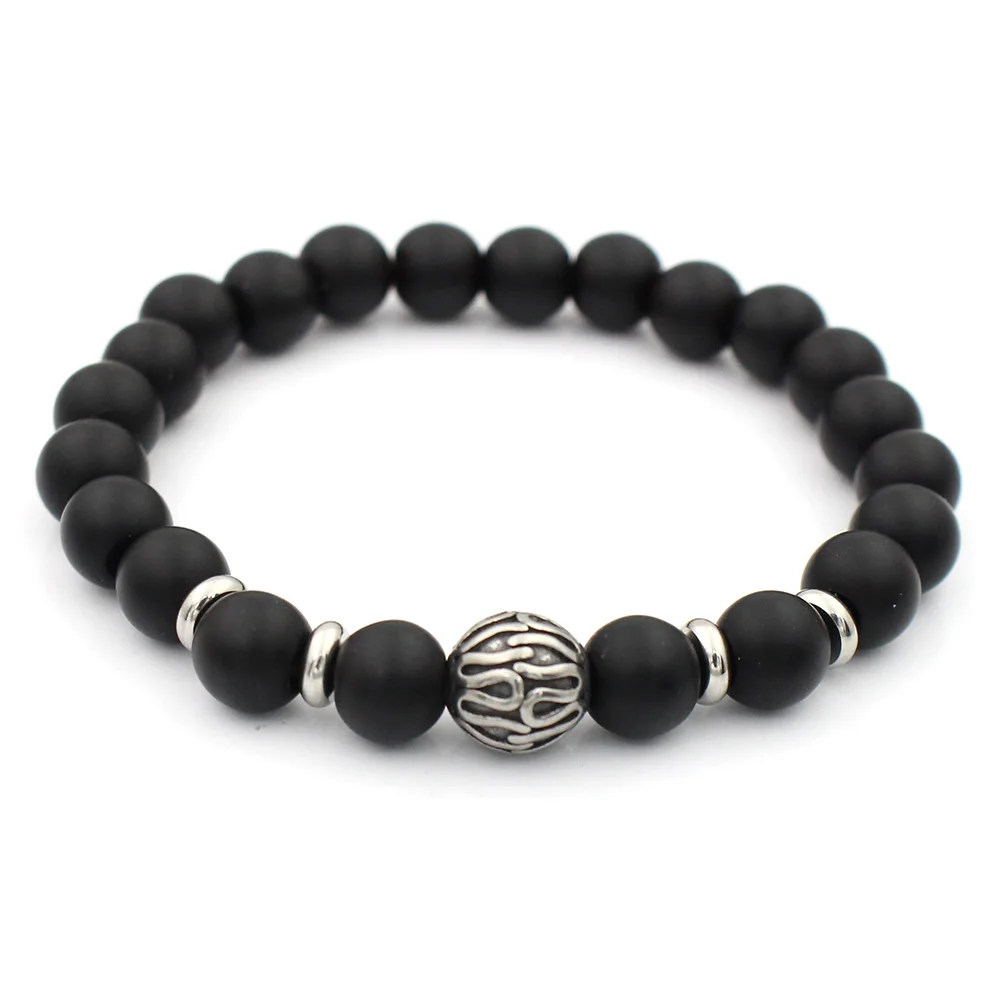 Fashion Stainless Steel Ball Bead Charms 8mm Black Stone Stretch Bead Bracelet For MEN&WOMEN
