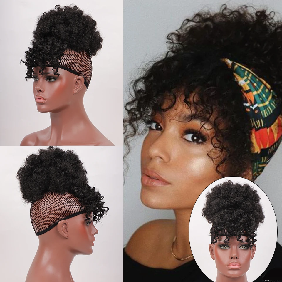 LUPU Synthetic Fake Hair Bun Hairpiece Hair Afro Chignon Scrunchies With Bangs Drawstring Ponytail For Black Women