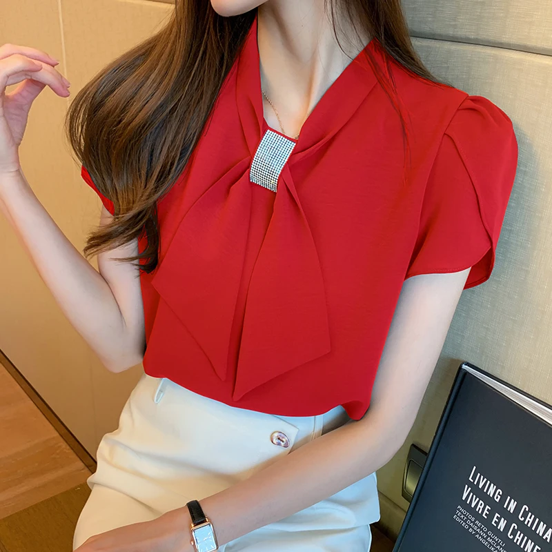 Blouses Femme Top Summer Short Sleeve V-Neck Chiffon Blouse Shirt Blouse Women Blusas Mujer De Moda 2024Verano Tops Women E844