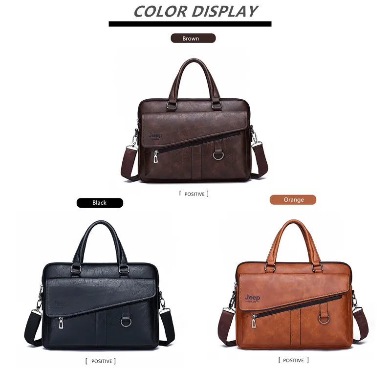 JEEP BULUO Men Briefcase Split Leather Laptop New Bag 14\