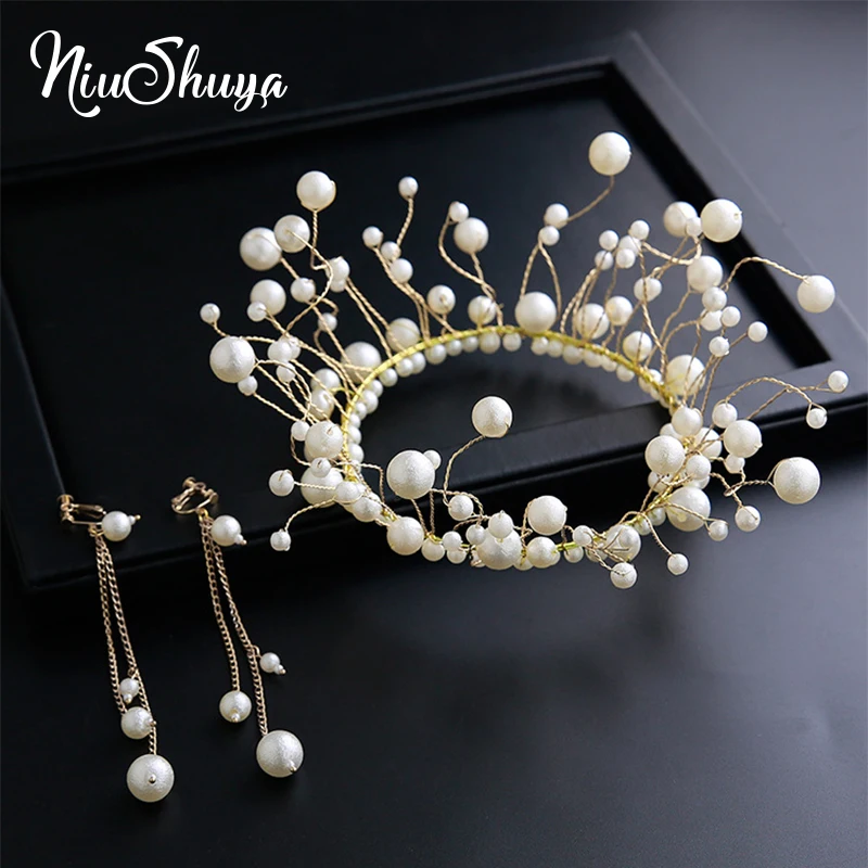 NiuShuya Handmade Pearl Tiaras Crowns Princess Queen Diadem Women Headbands Headwear Bride Wedding Hair Accessories Bridal Jewel