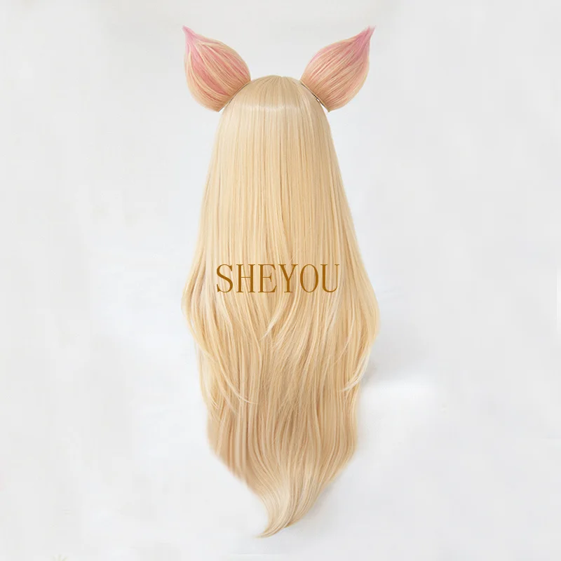 Parrucche Cosplay LOL K/DA Ahri con orecchie KDA Ahri parrucche per capelli Cosplay resistenti al calore bionde lunghe 80cm + cappuccio parrucca