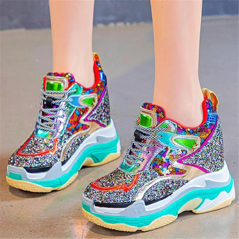 Casual Shoes Women Shiny Glitter Cow Leather Wedges High Heel Ankle Boots Female Round Toe Fashion Sneakers Platform Pumps Shoes