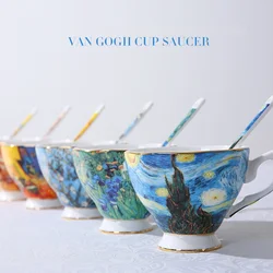 Van Gogh Painting Bone China Ceramic Coffee Cups with Spoon and Tray Coffeeware Sets Home tea cups and saucer sets