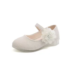 Girls Fashion Pearl Flower Kids Leather Shoes Children Princess Shoes High-heel Dance Shoes Sweet Hot for Wedding Flats 21-30