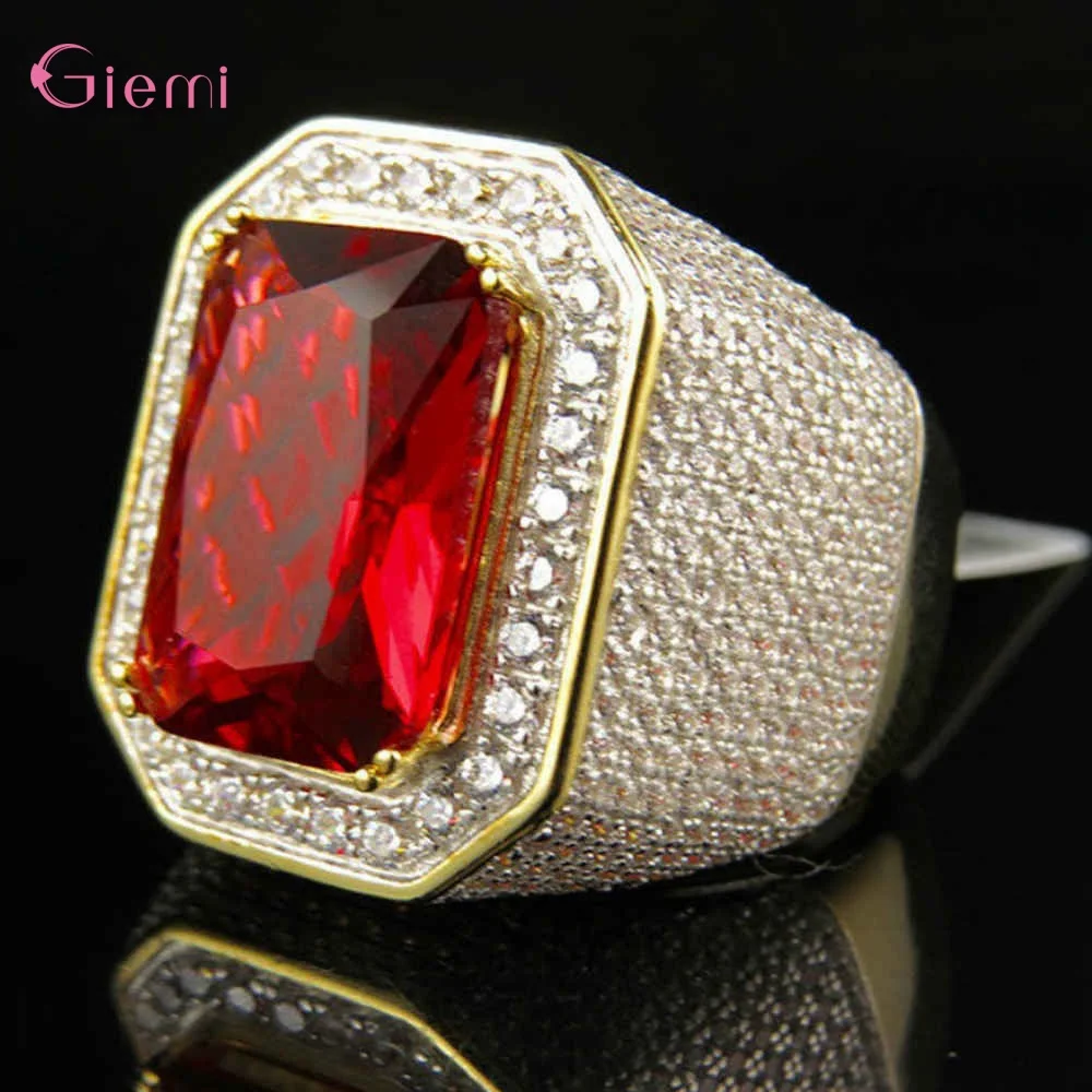 New Fashion Pure S925 Silver Luxury Cubic Squre Red Crystal Golden Color Fancy Unisex Rings For Women Men Jewelry