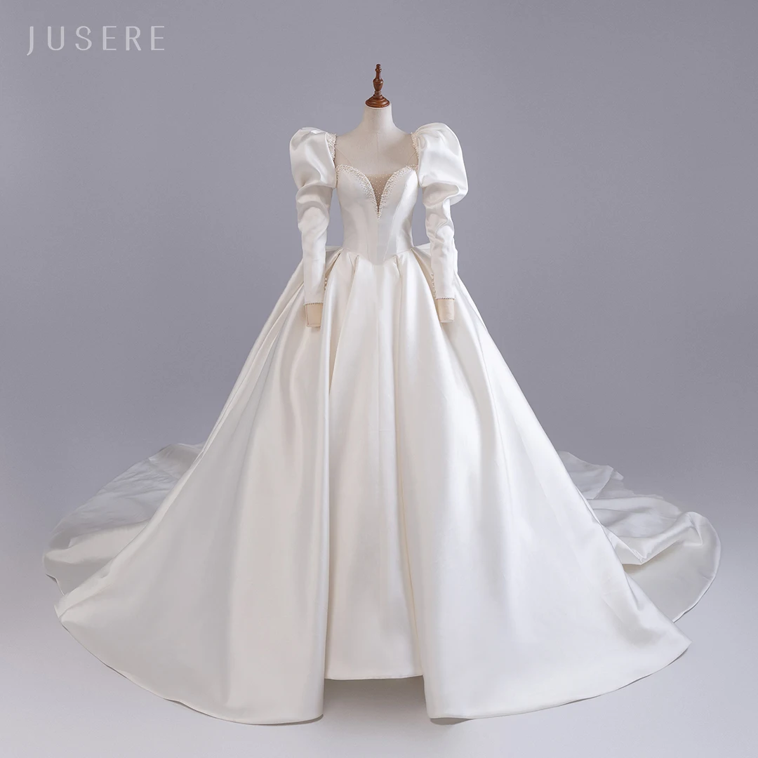 Jusere-Robe de Mariée en Satin Blanche avec Traîne Cathédrale, Épaules Dénudées, Robe de Bal, Gigot