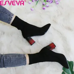 ESVEVA Pointed Toe Sexy High Heels Woman Autumn Winter Fashion Ankle Boots Elastic Flock Slip on Women Shoes Size 34-43