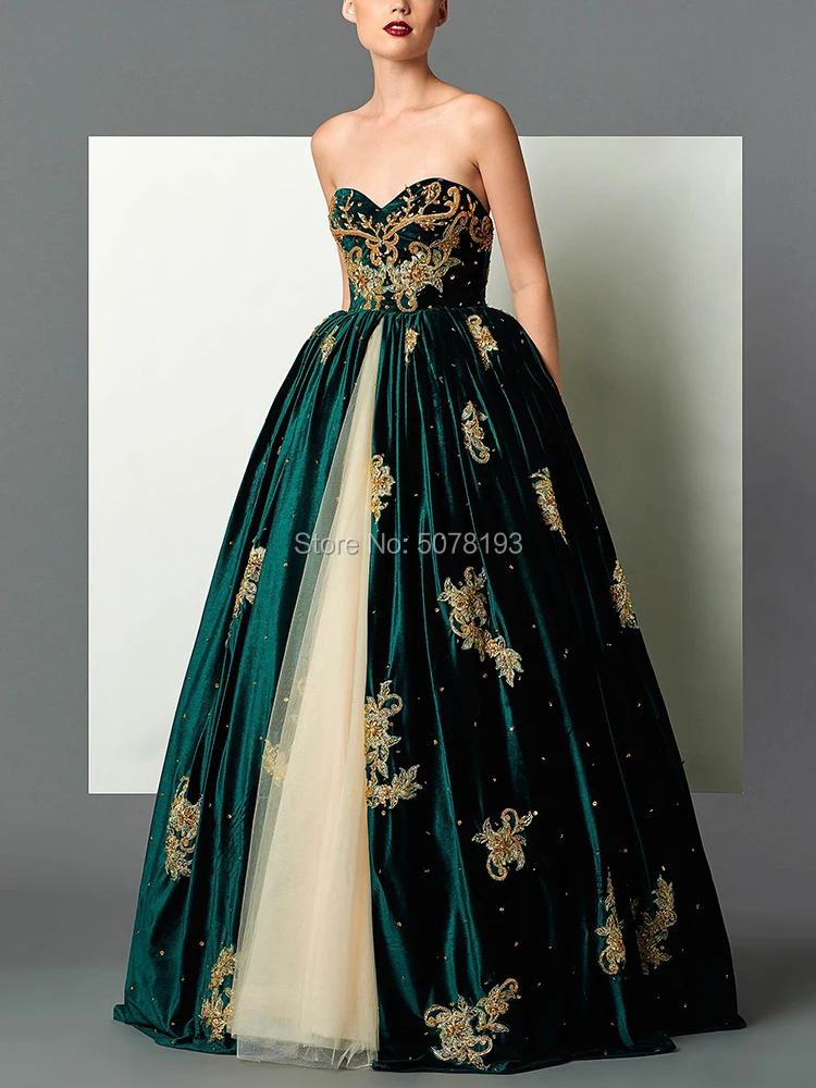 10273 Green/Champagne Sweetheart Natural A-line Floor-Length Velvet Coming-of-age Ceremony dresses/Formal gowns free shipping