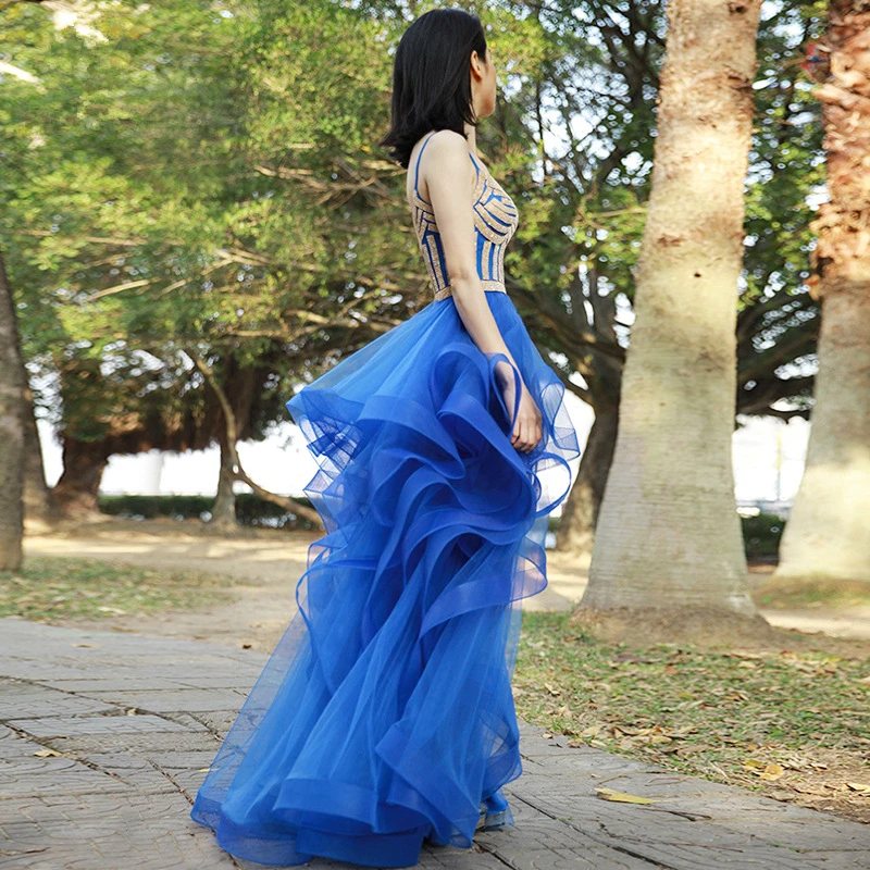 Vestido de noche largo de tul con cuello en V para mujer, vestido de fiesta de lujo con lentejuelas, tirantes finos, color azul y rosa, 2020