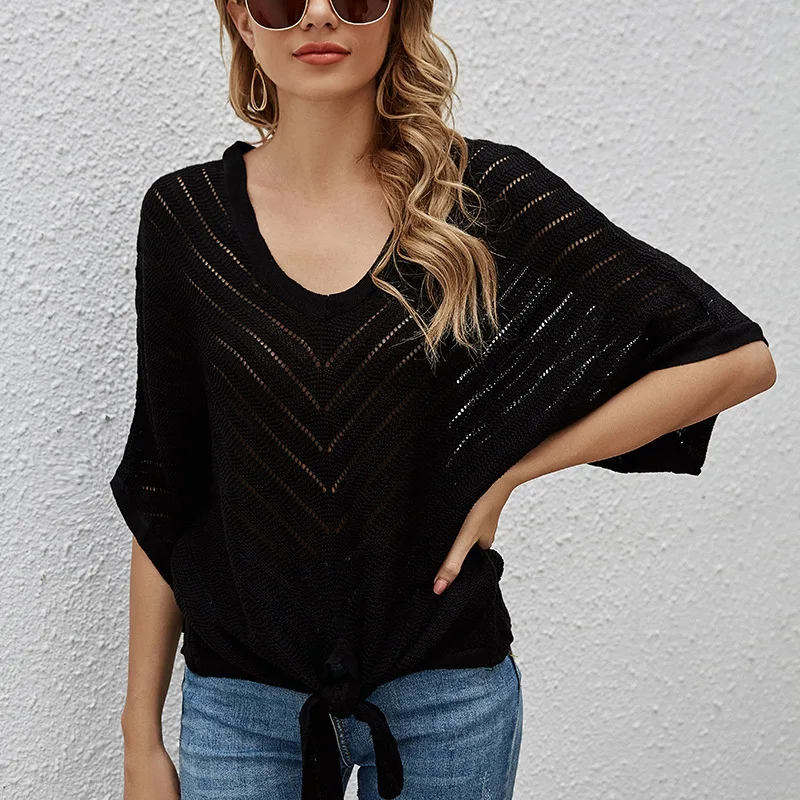 Spring Summer Women's V-neck Short Sleeve Bat Wing Sweater Female's Thin Hollow Out Knitting Shirt Girl's Backless Lace Up Tops