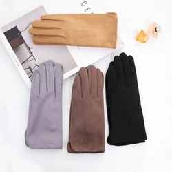 Winter Suede Leather Warm Touch Screen Driving Gloves Women Plus Velvet Thicken Full Finger Pearl Windproof Cycling Mittens K43