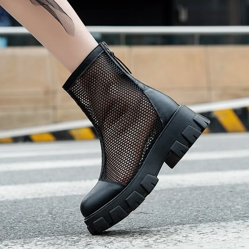 Summer Ankle Boots Women Chunky Heel Knee-length Boots Woman Shoes Brand Female Round Toe Zipper Boots Lasdies Fashion Comfort