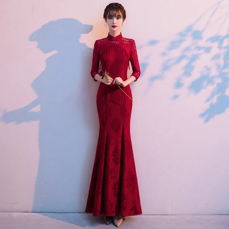 

Large Size Cheongsams Lace Floral Sexy Vintage Button Qipao Female Chinese Bridal Wedding Party Dress Long Mermaid Vestidos