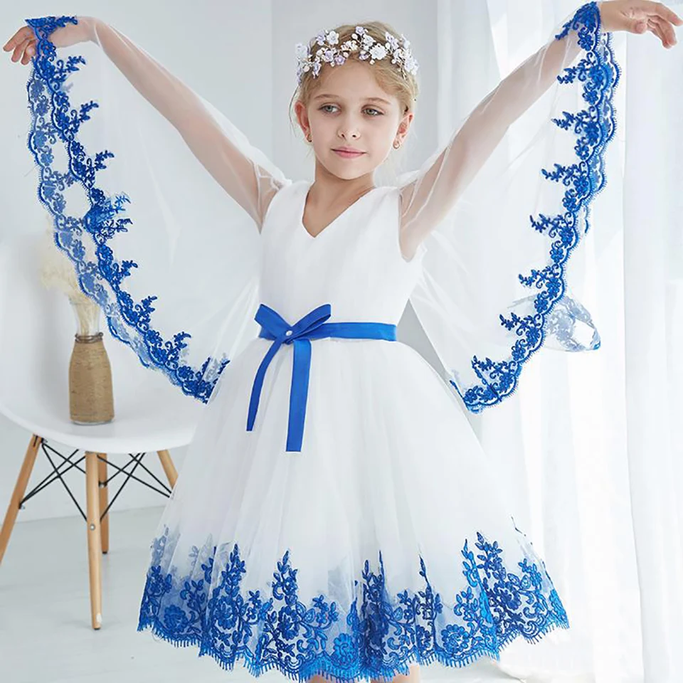 

Lace Long Sleeve Baby Children Party Dress V-Neck Kids Formal Wear Birthday Christmas Tulle Girls Pageant Flower Girls Dresses